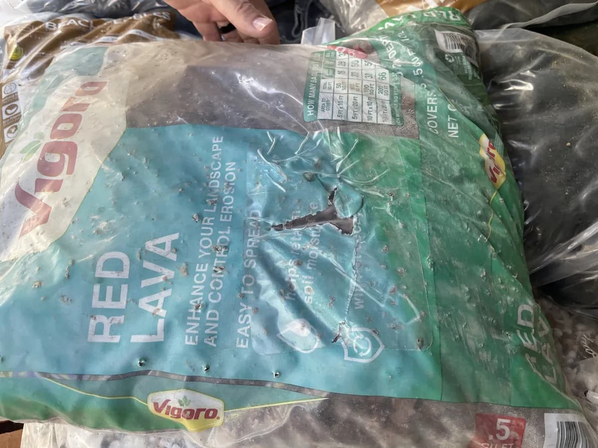 The same lava rock bag patched and shelf-ready